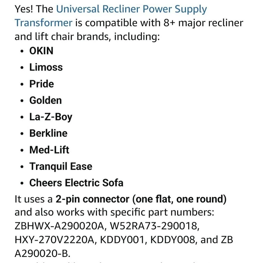 Universal Power Supply Transformer For Recliners & Lift Chair Recliners